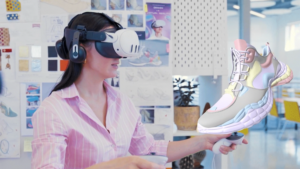 Person wearing a VR headset interacting with a virtual shoe, pastel colours and tones.