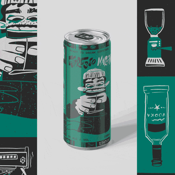 Green drinks can with white outline illustrations on left and right panels showing various beverage containers and appliances.