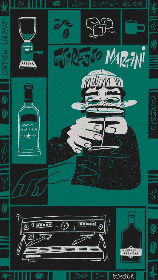 Green and black illustration showing hands holding espresso martini glass, surrounded by coffee and bar equipment icons including vodka bottle, espresso machine, coffee beans, and sugar cubes.