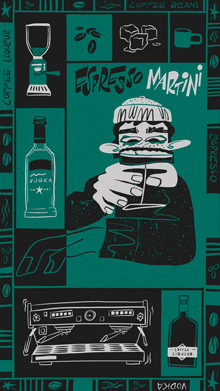 Green poster with white line drawings of coffee equipment including grinder, bottles, and espresso machine. Central figure holds martini glass, white text "ESPRESSO MARTINI" above.