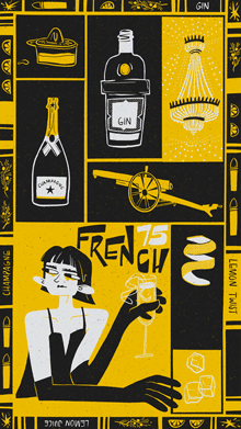 Illustration with yellow and black grid containing woman with cocktail, champagne bottle, gin bottle, cannon, chandeliers, and various drink-related icons in retro style.