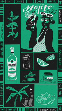Green and black grid illustration featuring mojito ingredients: black silhouette drinking, Bacardi bottle, lime wedges, mint leaves, palm tree, ice cubes, glass.