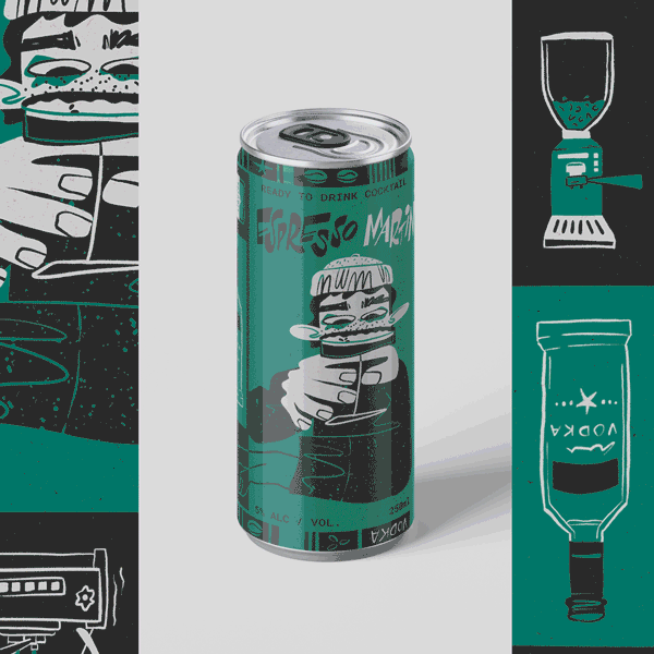 Green drink can with black and white hand illustration, surrounded by green and black graphic panels with white line drawings.